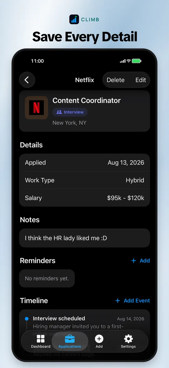 Climb App Store screenshot: save every application detail