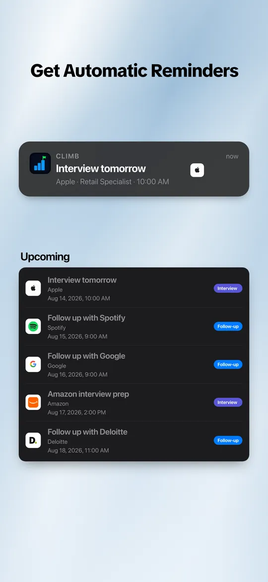 Climb App Store screenshot: automatic interview reminders